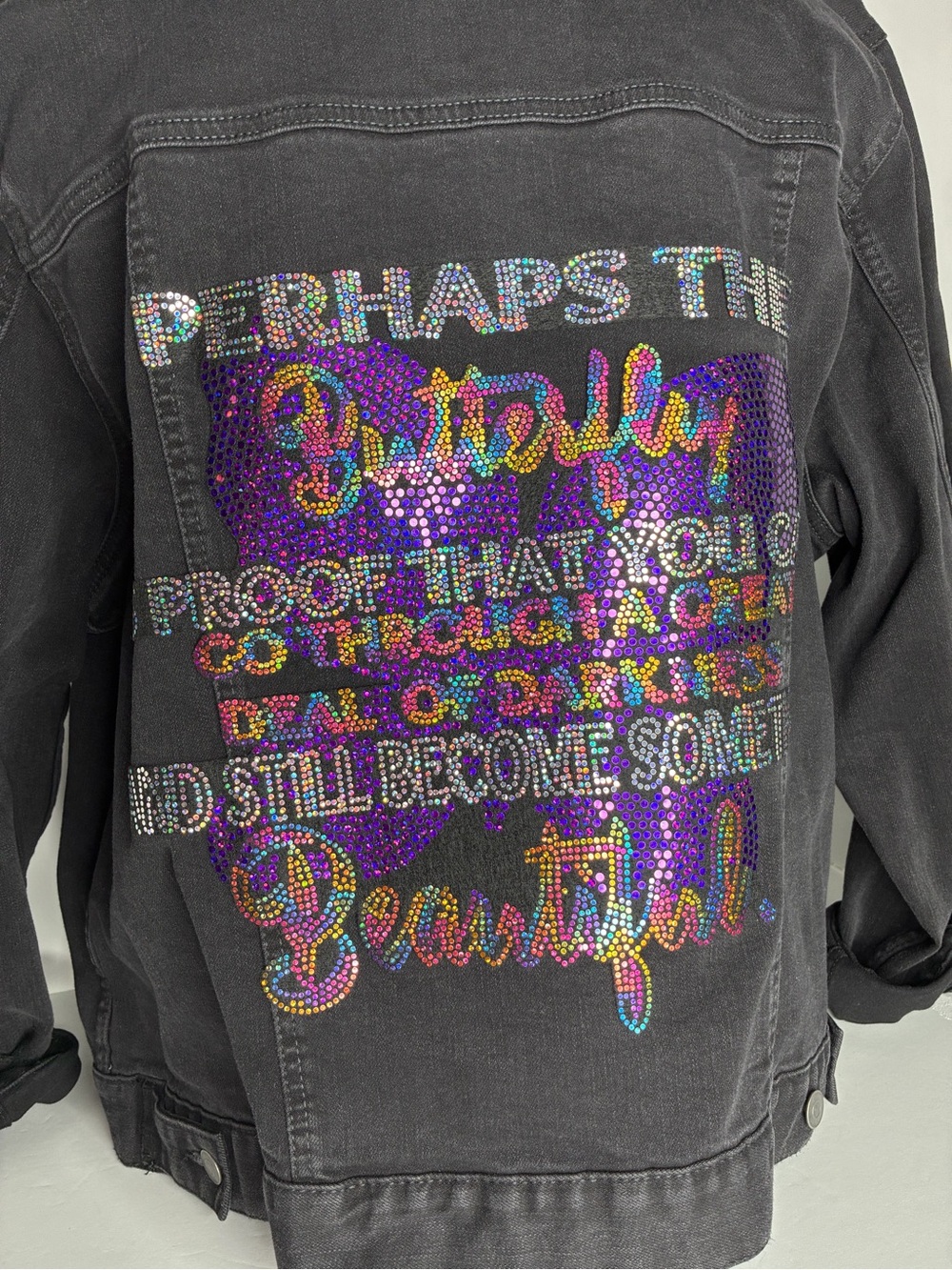 Custom Black Denim Jacket with Multicolor Embellished Butterfly patches